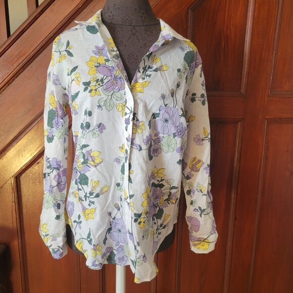 Liz Claiborne Womens Floral Button-Up Shirt Pastel Purple & Yellow Linen/Cotton - Picture 1 of 7